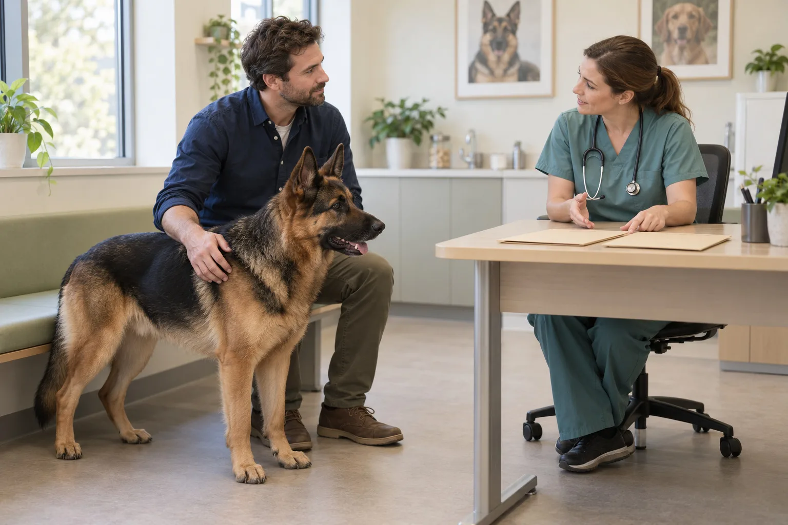 German Shepherd with an owner and veterinary professional reviewing a folder