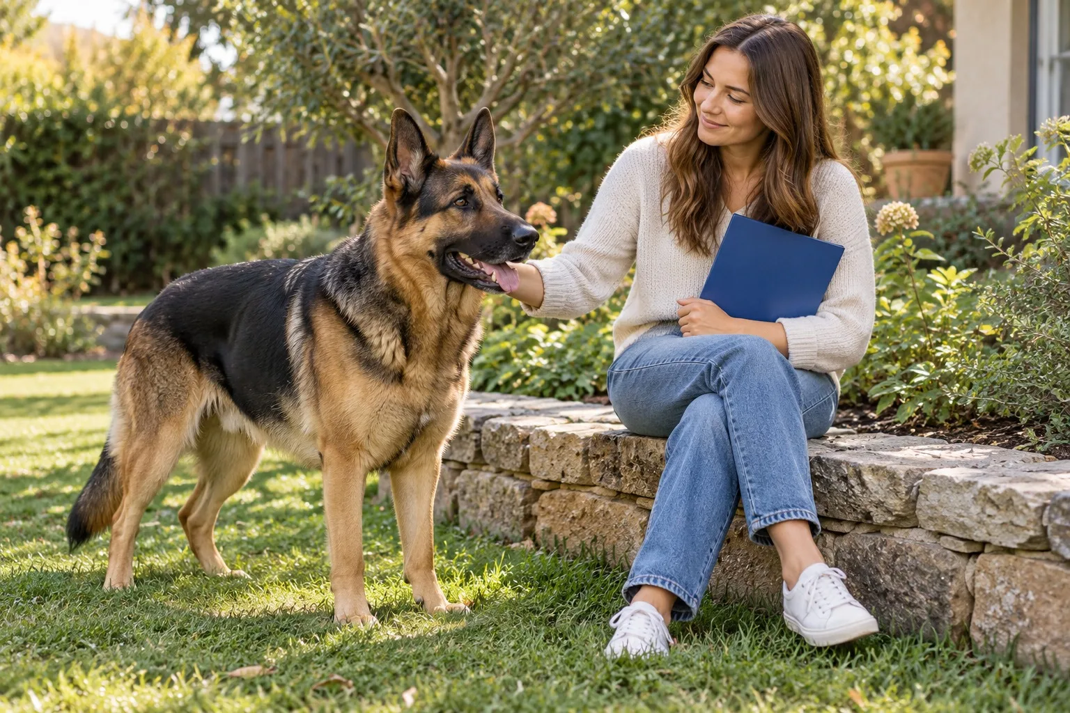 German Shepherd standing beside an owner holding a blue folder in a garden